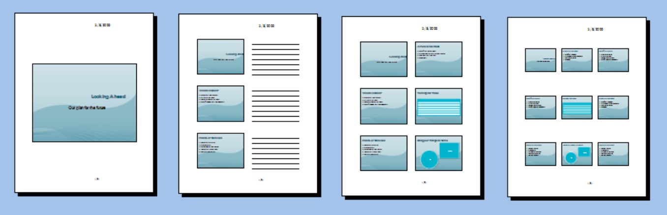 Figure 2-4: Examples of handouts (from left to right) at one, three, six, and nine slides per page.